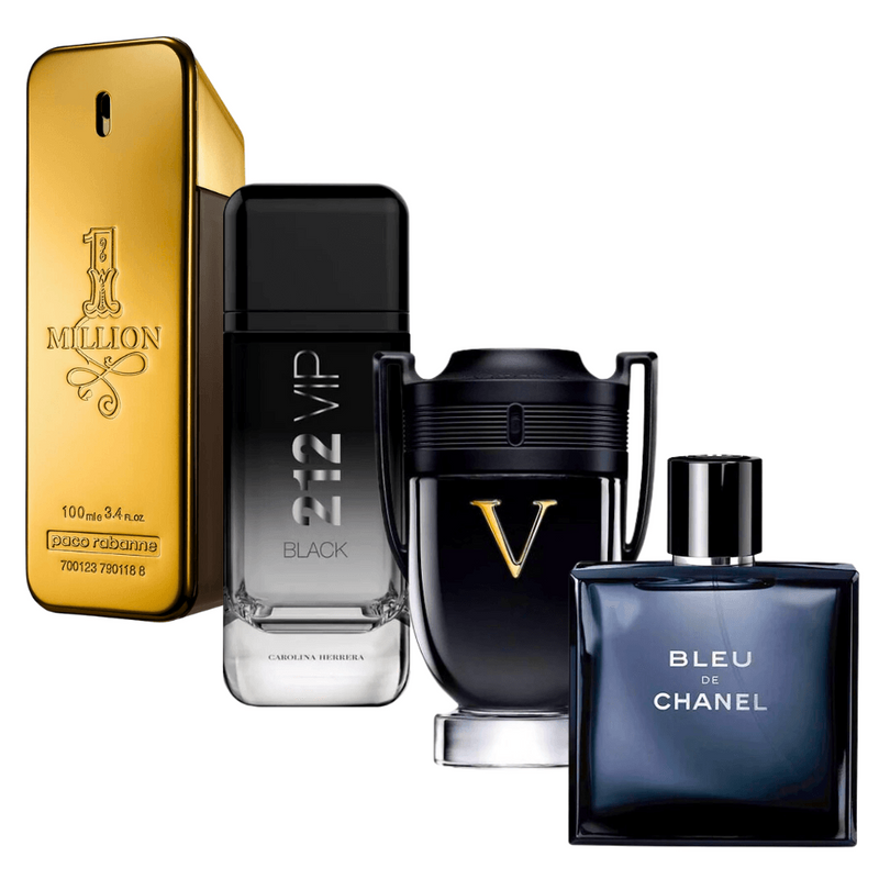 KIT 4 Perfumes Masculinos Importados (100ml) - One Million, 212 VIP Black, Invictus e Bleu [QUEIMA DE ESTOQUE] - Loja Online