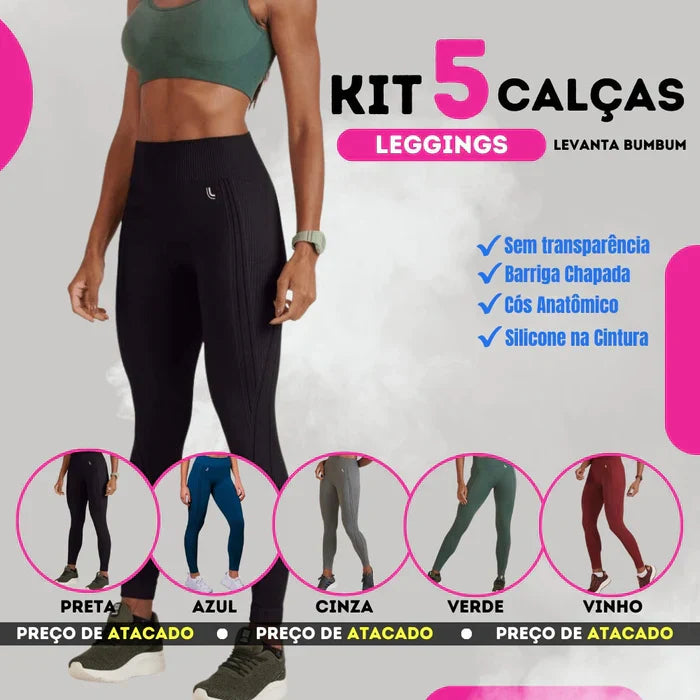 Kit 5 Calças Legging + Brinde Exclusivo - Aumenta Bumbum e Afina Cintura - DIRETO DA FÁBRICA (Últimas Unidades)