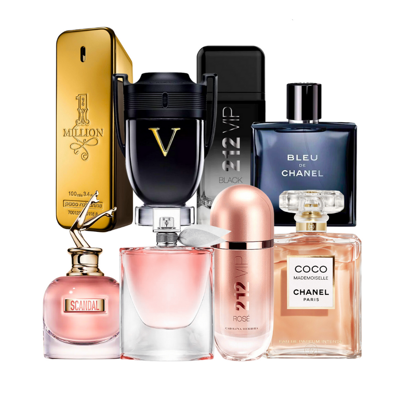 KIT 8 Perfumes (100ml) - One Million, 212 VIP Black, Invictus e Bleu de Chanel + Scandal, La Vie, 212 VIP Rosé e Coco Chanel